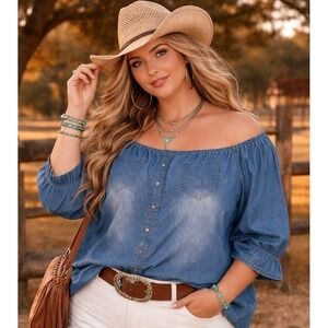 VTG Y2K Bottlette Womens Top Plus 2XL Chambray Denim Coastal Western Boho